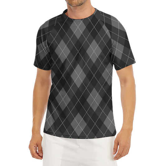Dark Grey Argyle Pattern Print Men's Short Sleeve Rash Guard