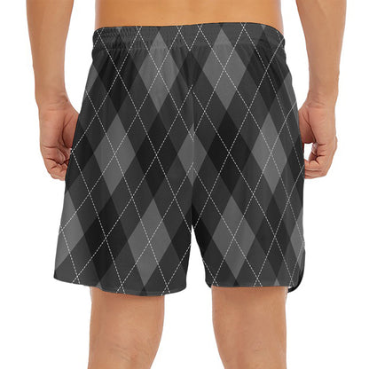 Dark Grey Argyle Pattern Print Men's Split Running Shorts