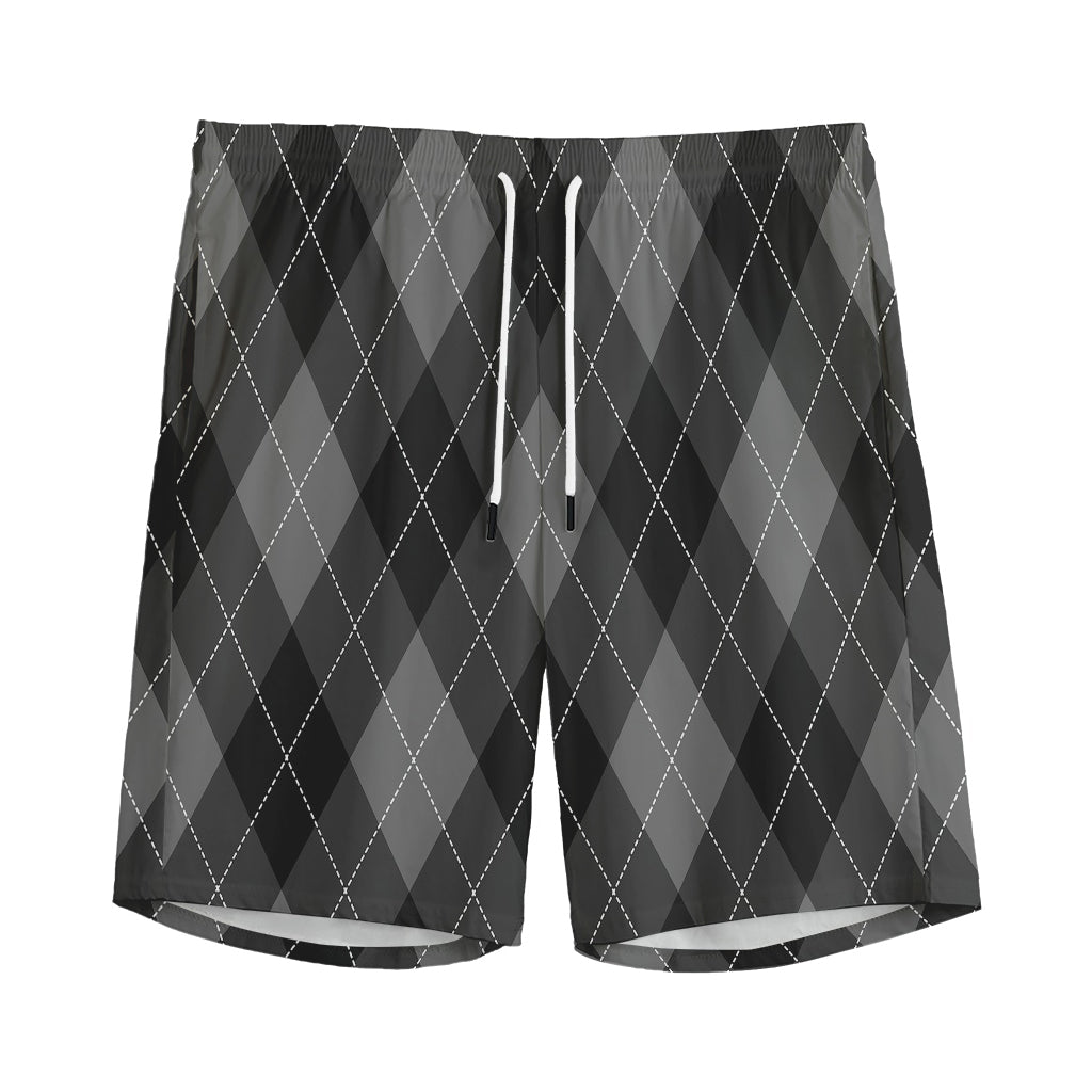 Dark Grey Argyle Pattern Print Men's Sports Shorts