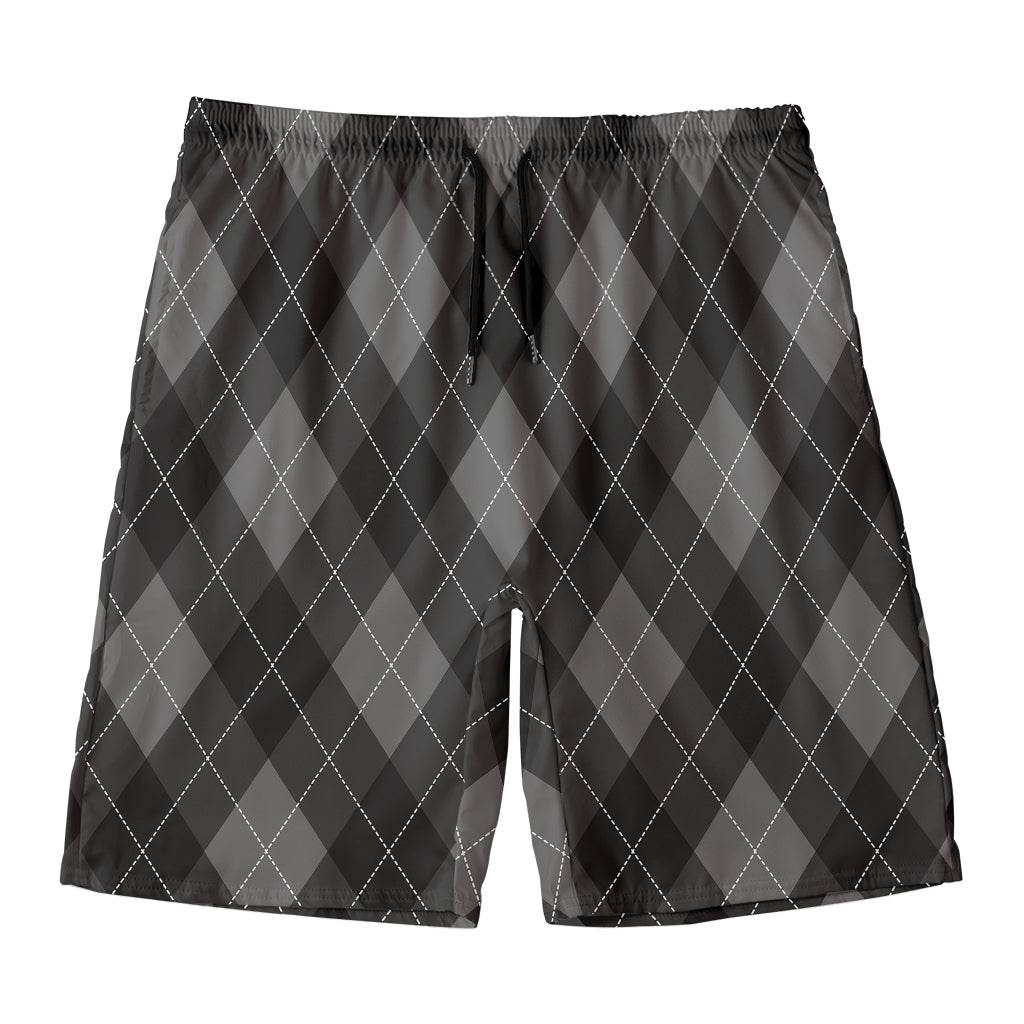 Dark Grey Argyle Pattern Print Men's Swim Trunks