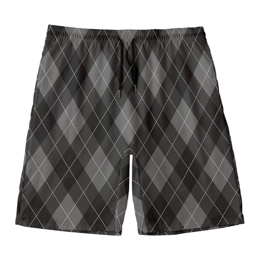 Dark Grey Argyle Pattern Print Men's Swim Trunks