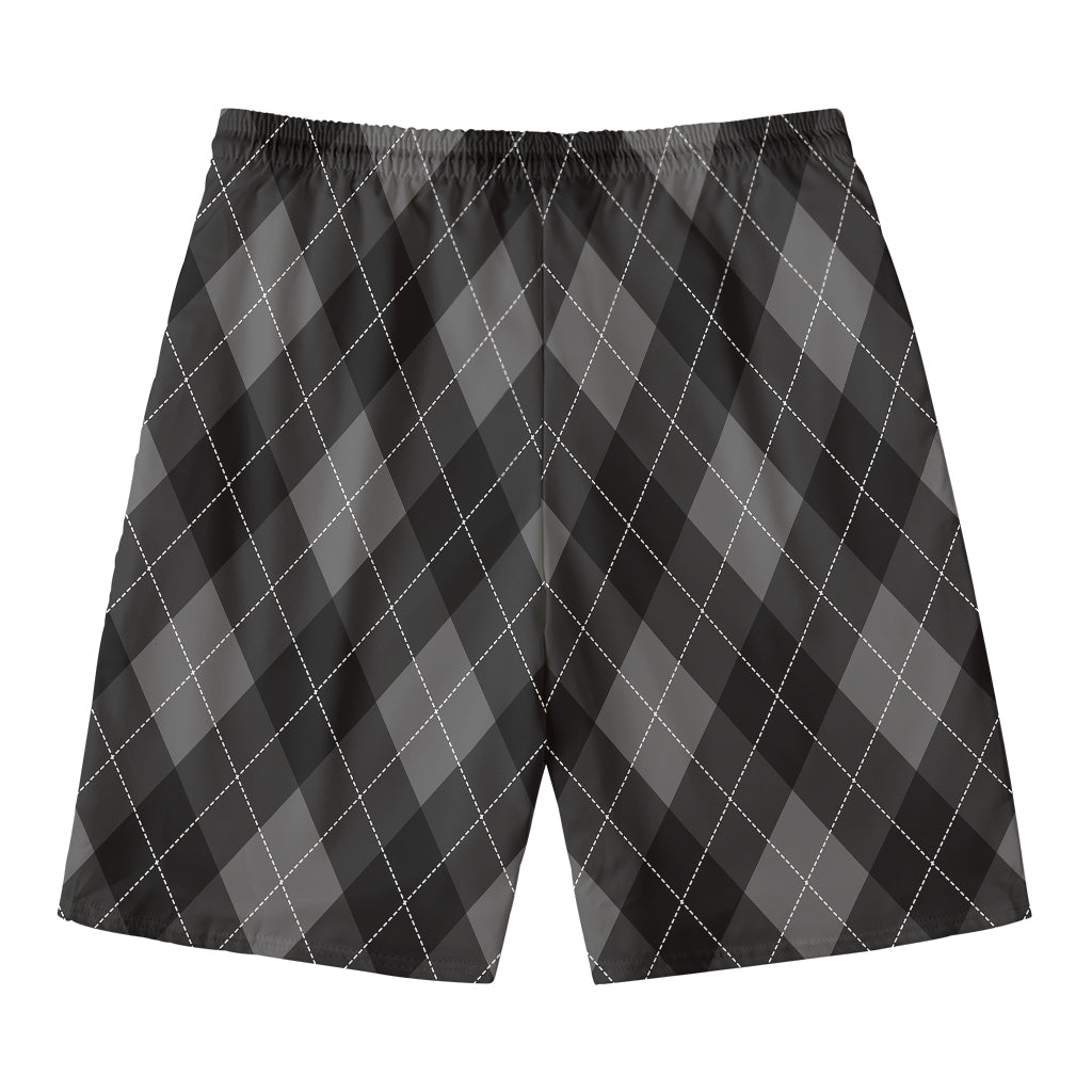Dark Grey Argyle Pattern Print Men's Swim Trunks