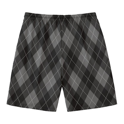 Dark Grey Argyle Pattern Print Men's Swim Trunks
