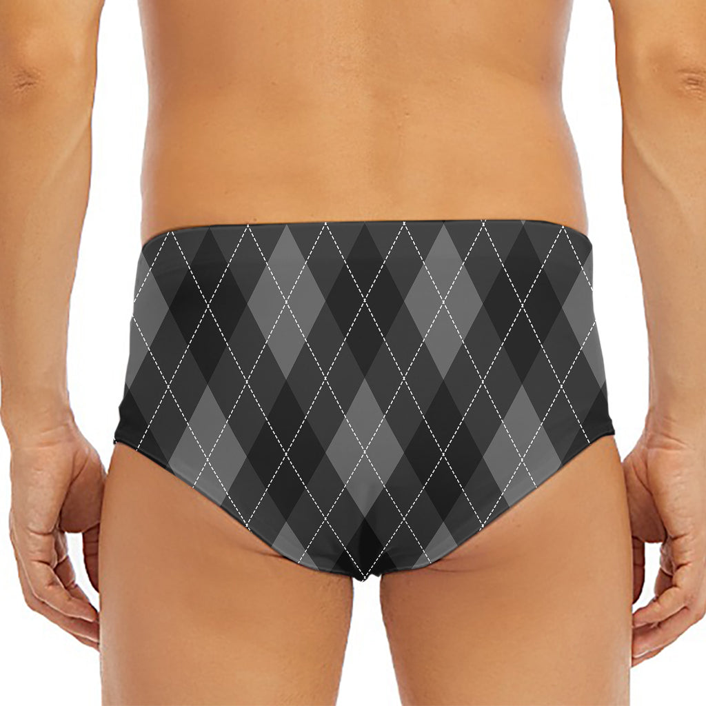 Dark Grey Argyle Pattern Print Men's Triangle Swim Briefs