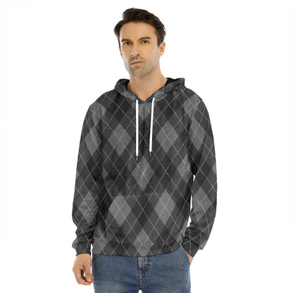 Dark Grey Argyle Pattern Print Men's Velvet Pullover Hoodie