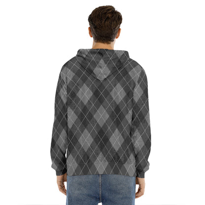 Dark Grey Argyle Pattern Print Men's Velvet Pullover Hoodie