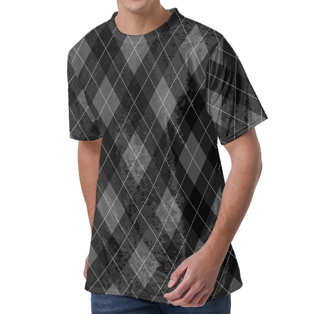Dark Grey Argyle Pattern Print Men's Velvet T-Shirt
