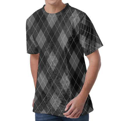 Dark Grey Argyle Pattern Print Men's Velvet T-Shirt