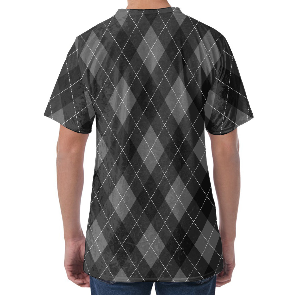 Dark Grey Argyle Pattern Print Men's Velvet T-Shirt
