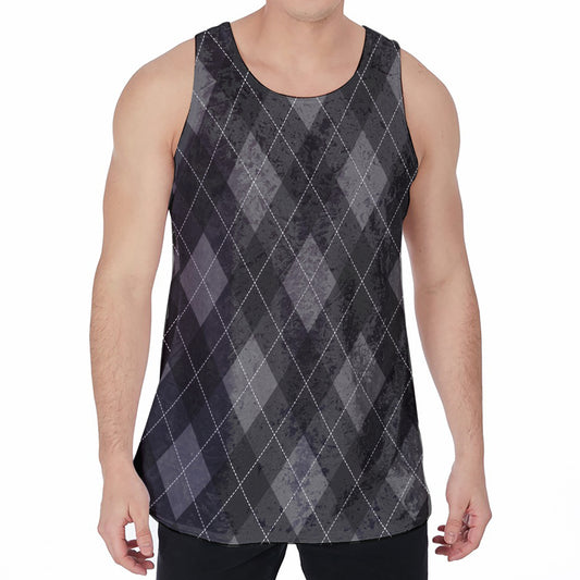Dark Grey Argyle Pattern Print Men's Velvet Tank Top