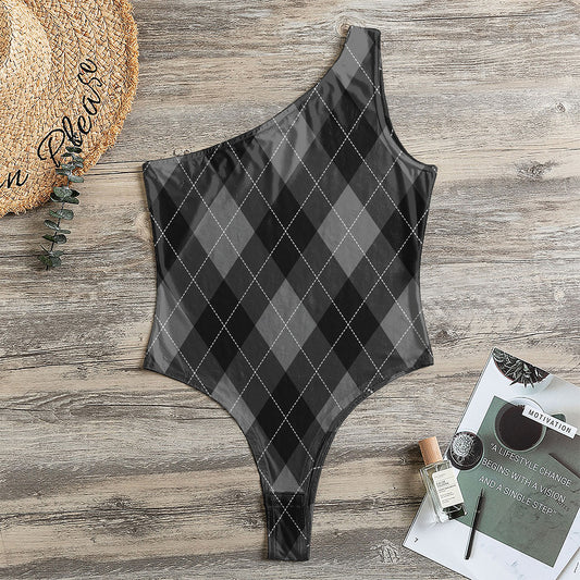 Dark Grey Argyle Pattern Print One Shoulder Bodysuit