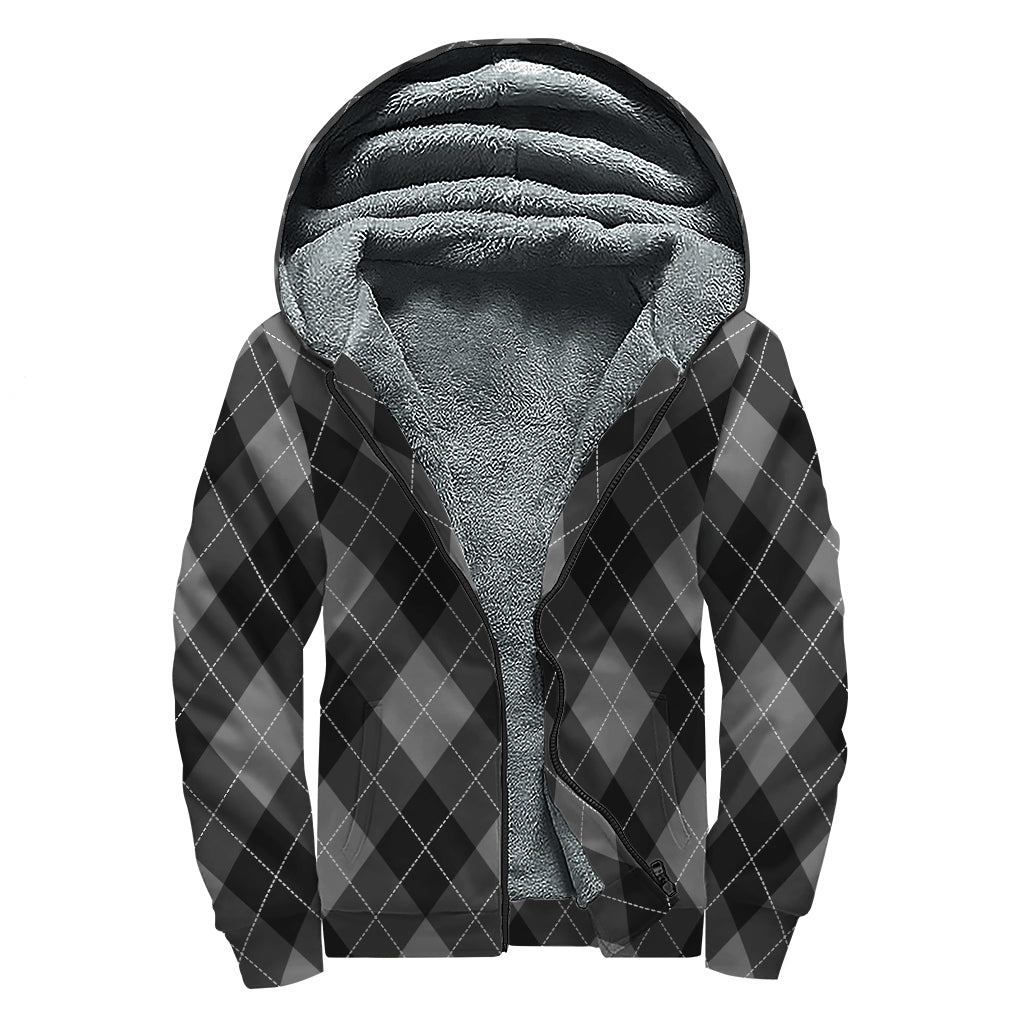 Dark Grey Argyle Pattern Print Sherpa Lined Zip Up Hoodie