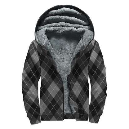 Dark Grey Argyle Pattern Print Sherpa Lined Zip Up Hoodie