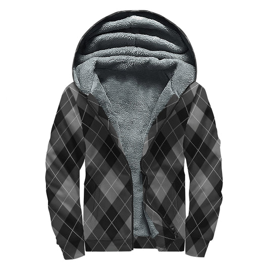 Dark Grey Argyle Pattern Print Sherpa Lined Zip Up Hoodie