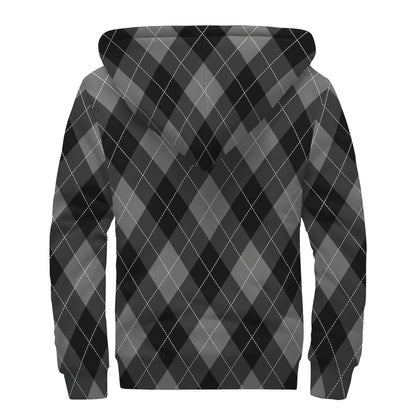 Dark Grey Argyle Pattern Print Sherpa Lined Zip Up Hoodie