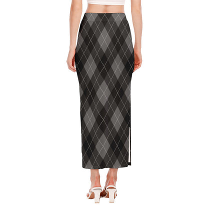 Dark Grey Argyle Pattern Print Side Slit Maxi Skirt