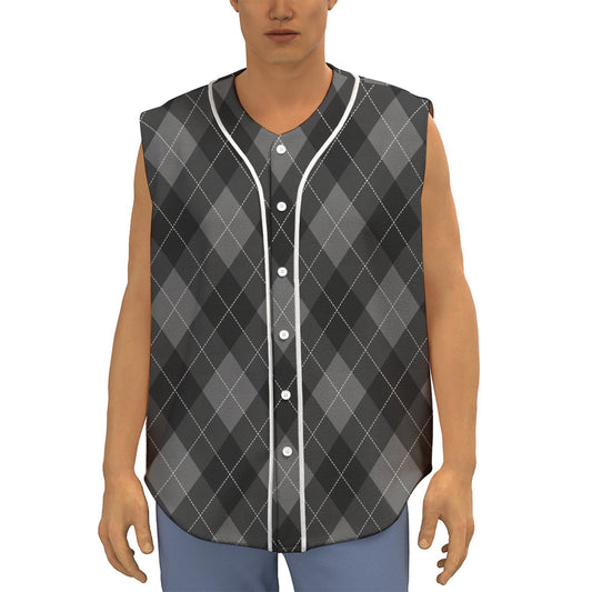 Dark Grey Argyle Pattern Print Sleeveless Baseball Jersey