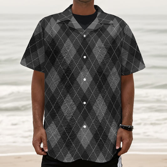 Dark Grey Argyle Pattern Print Textured Short Sleeve Shirt
