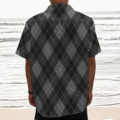 Dark Grey Argyle Pattern Print Textured Short Sleeve Shirt