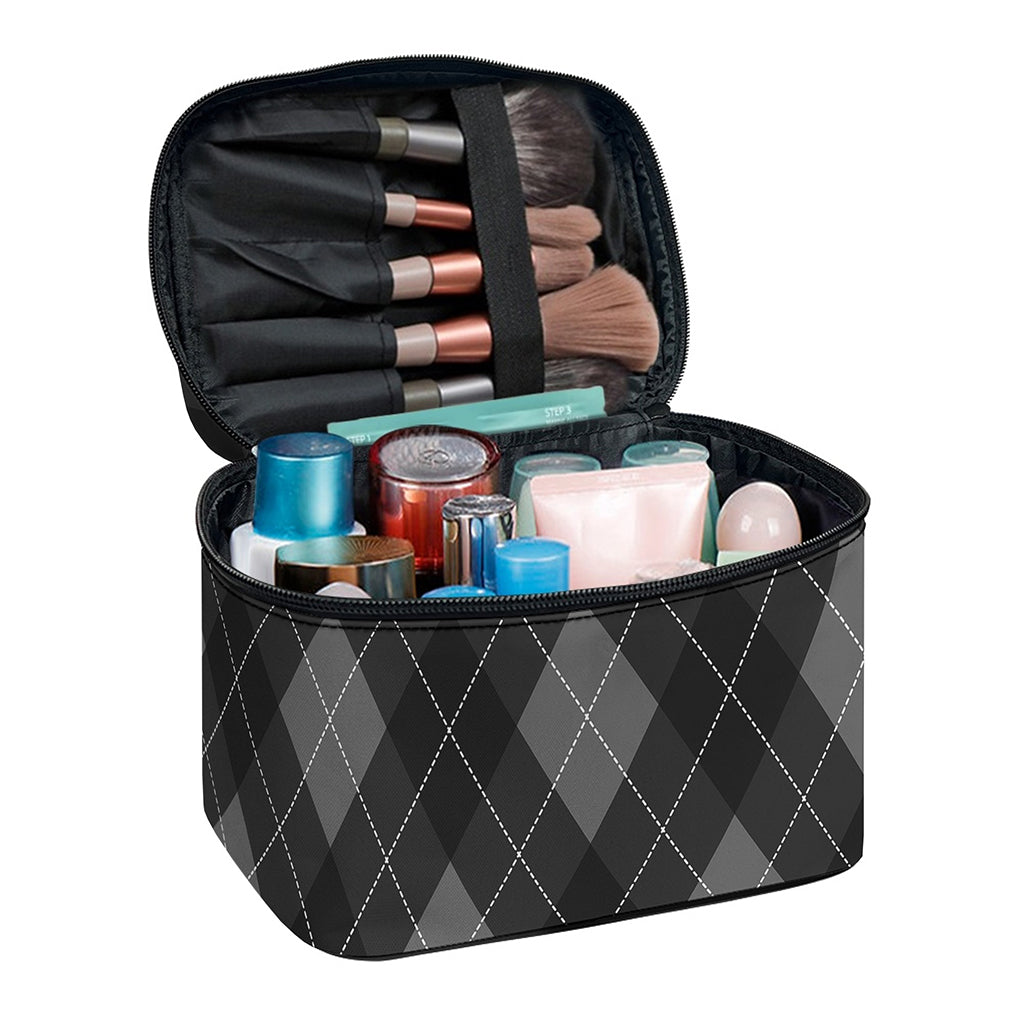 Dark Grey Argyle Pattern Print Travel Makeup Bag