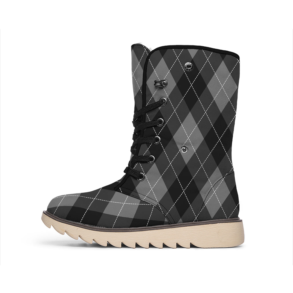 Dark Grey Argyle Pattern Print Winter Boots