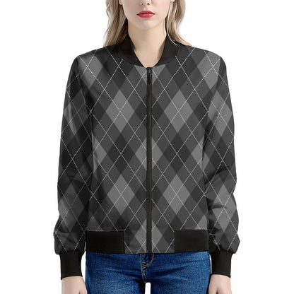 Dark Grey Argyle Pattern Print Women's Bomber Jacket