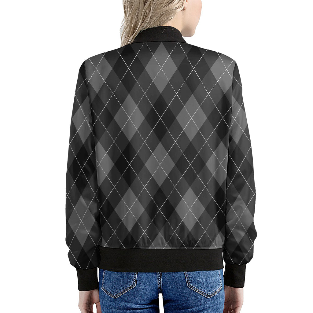 Dark Grey Argyle Pattern Print Women's Bomber Jacket