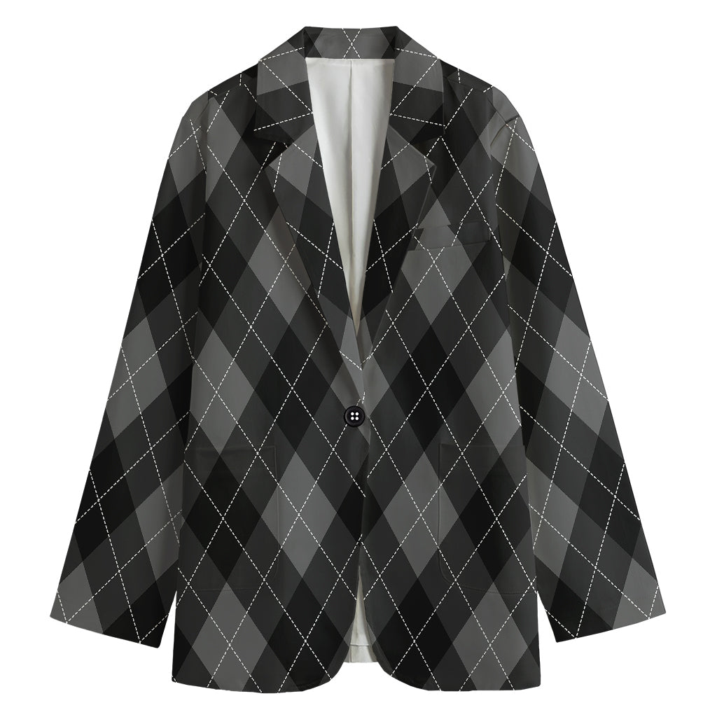 Dark Grey Argyle Pattern Print Women's Cotton Blazer