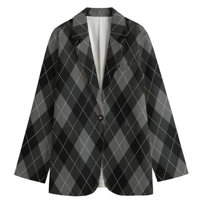 Dark Grey Argyle Pattern Print Women's Cotton Blazer