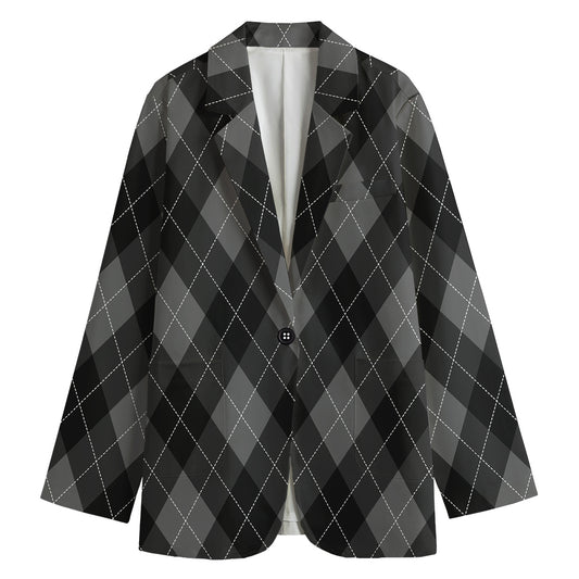 Dark Grey Argyle Pattern Print Women's Cotton Blazer