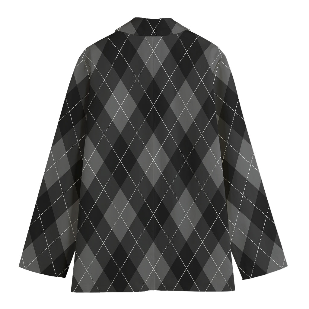 Dark Grey Argyle Pattern Print Women's Cotton Blazer