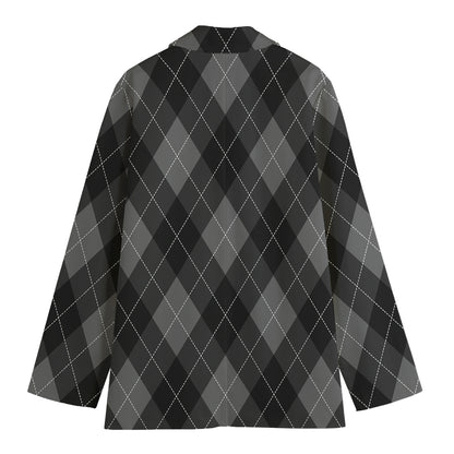 Dark Grey Argyle Pattern Print Women's Cotton Blazer