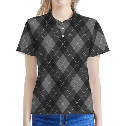 Dark Grey Argyle Pattern Print Women's Polo Shirt