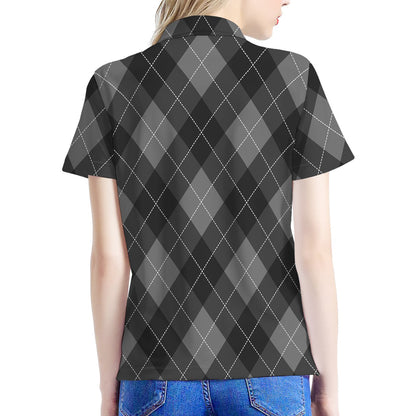 Dark Grey Argyle Pattern Print Women's Polo Shirt