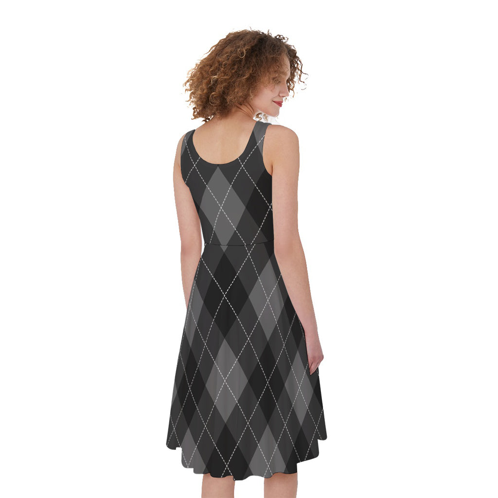 Dark Grey Argyle Pattern Print Women's Sleeveless Dress