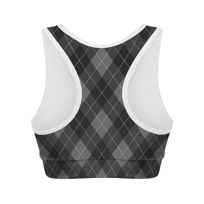 Dark Grey Argyle Pattern Print Women's Sports Bra