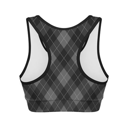 Dark Grey Argyle Pattern Print Women's Sports Bra
