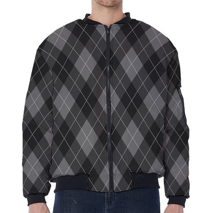 Dark Grey Argyle Pattern Print Zip Sleeve Bomber Jacket