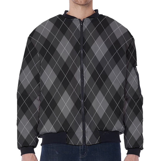 Dark Grey Argyle Pattern Print Zip Sleeve Bomber Jacket