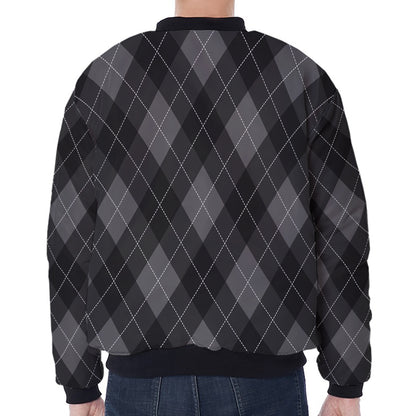 Dark Grey Argyle Pattern Print Zip Sleeve Bomber Jacket