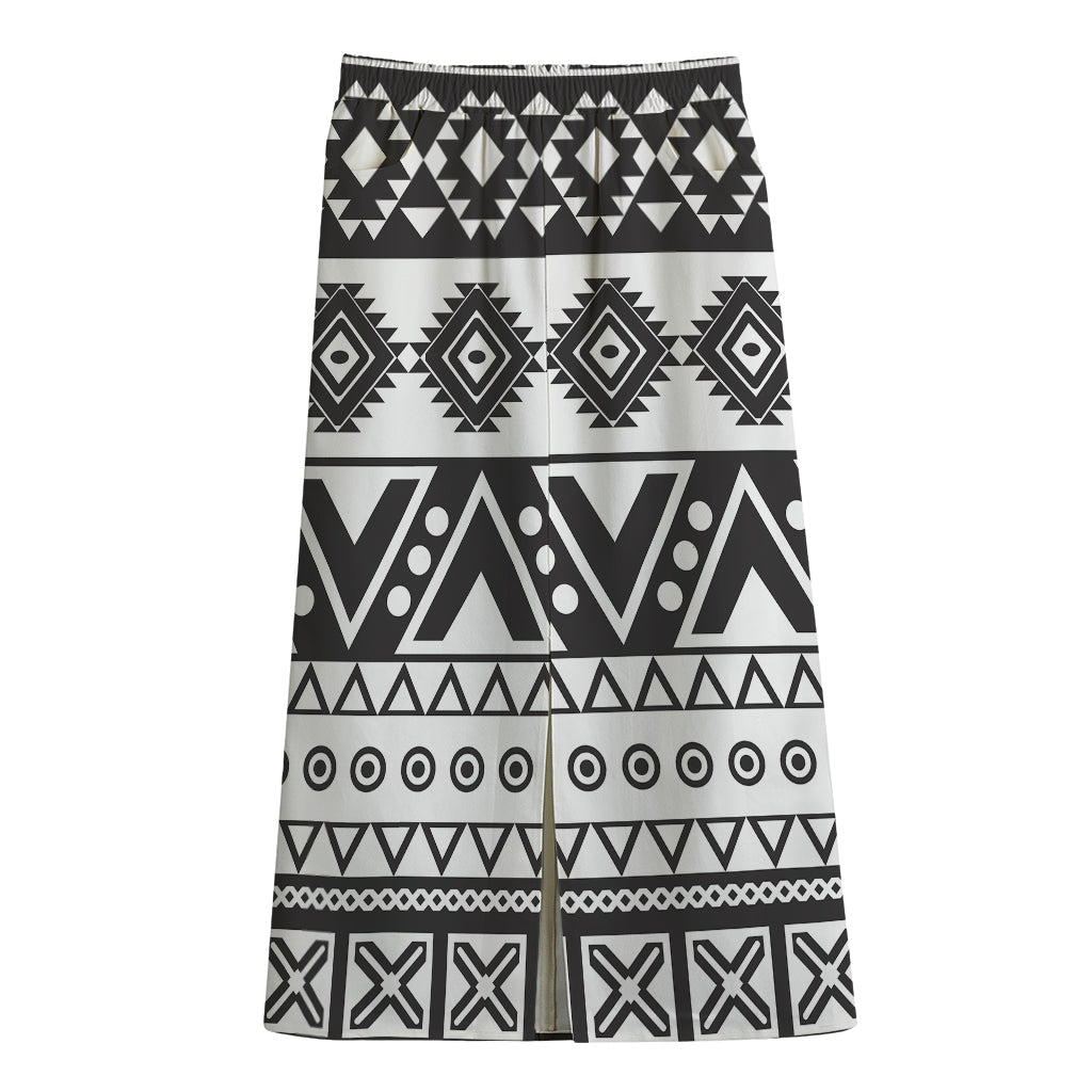 Dark Grey Aztec Pattern Print Cotton Front Slit Maxi Skirt