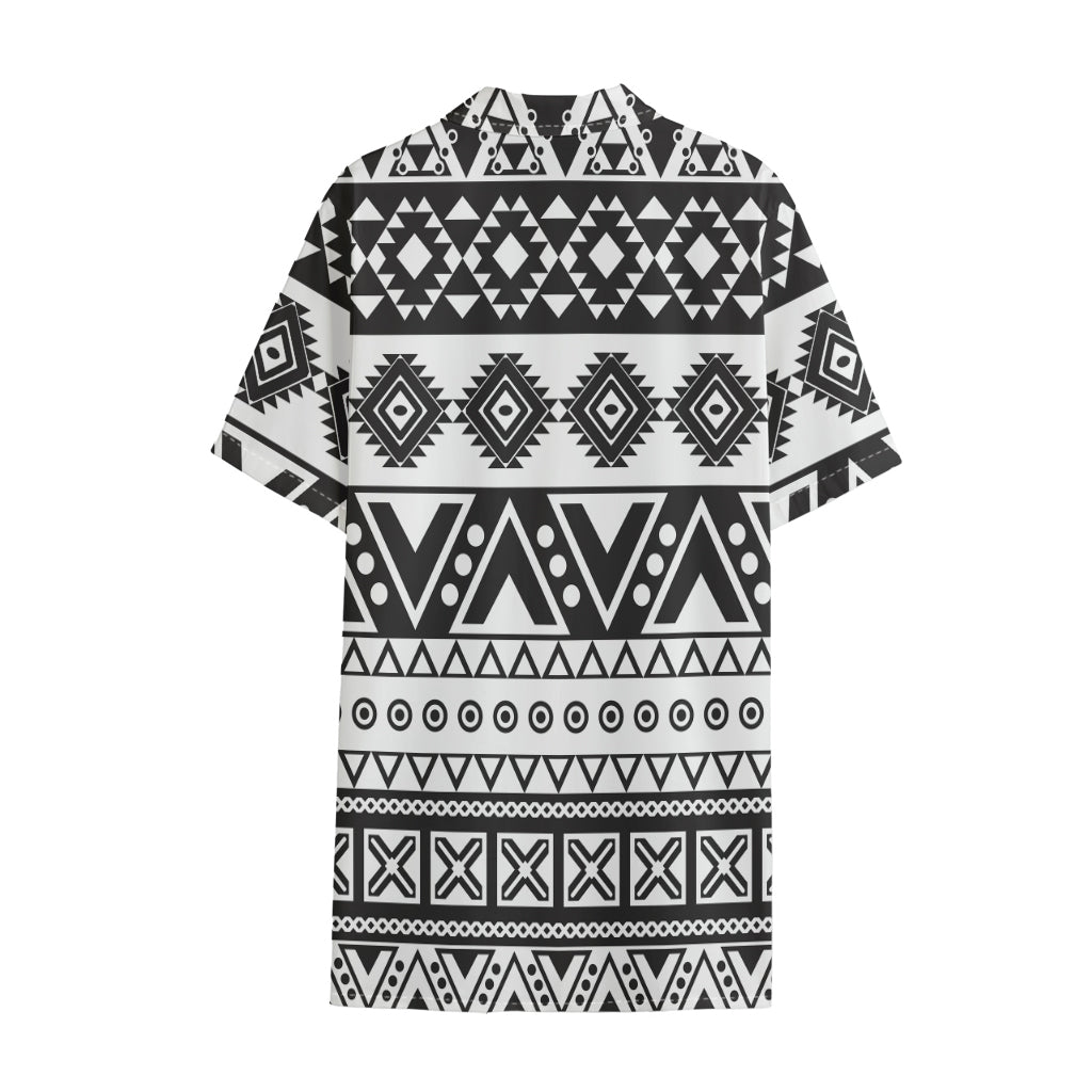 Dark Grey Aztec Pattern Print Cotton Hawaiian Shirt