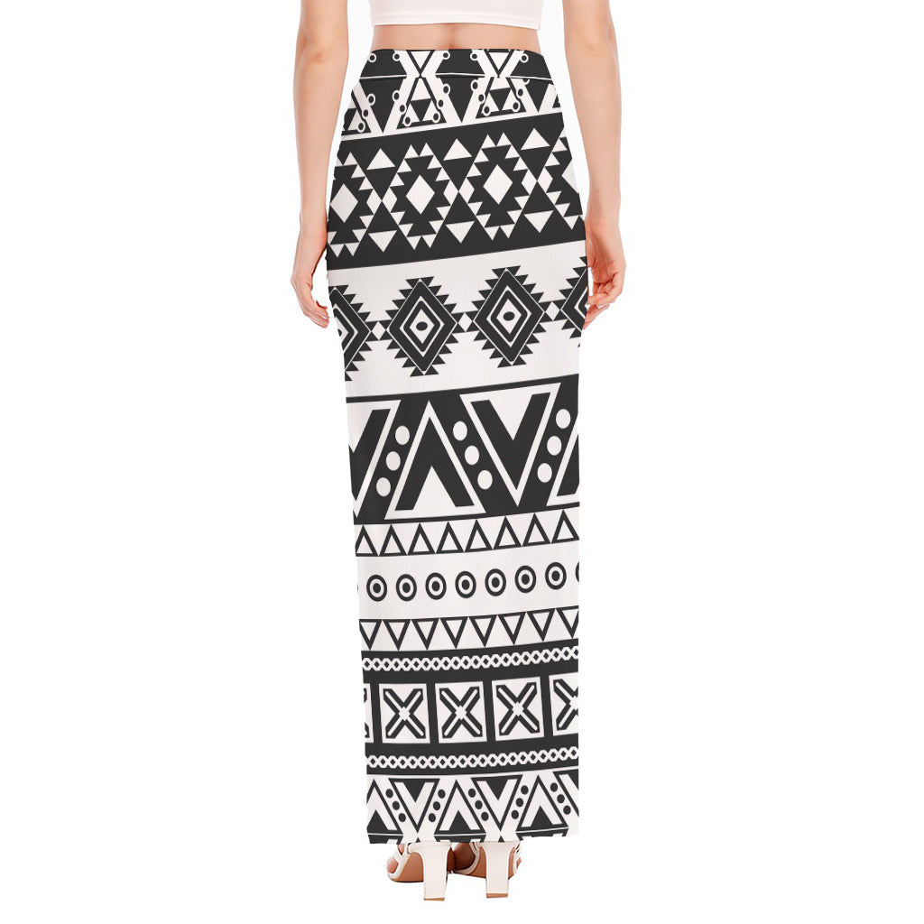 Dark Grey Aztec Pattern Print High Slit Maxi Skirt