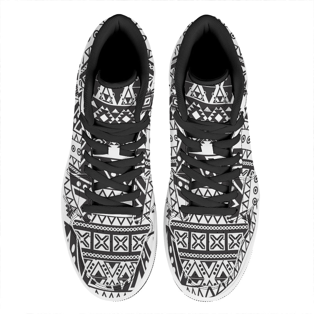 Dark Grey Aztec Pattern Print High Top Leather Sneakers