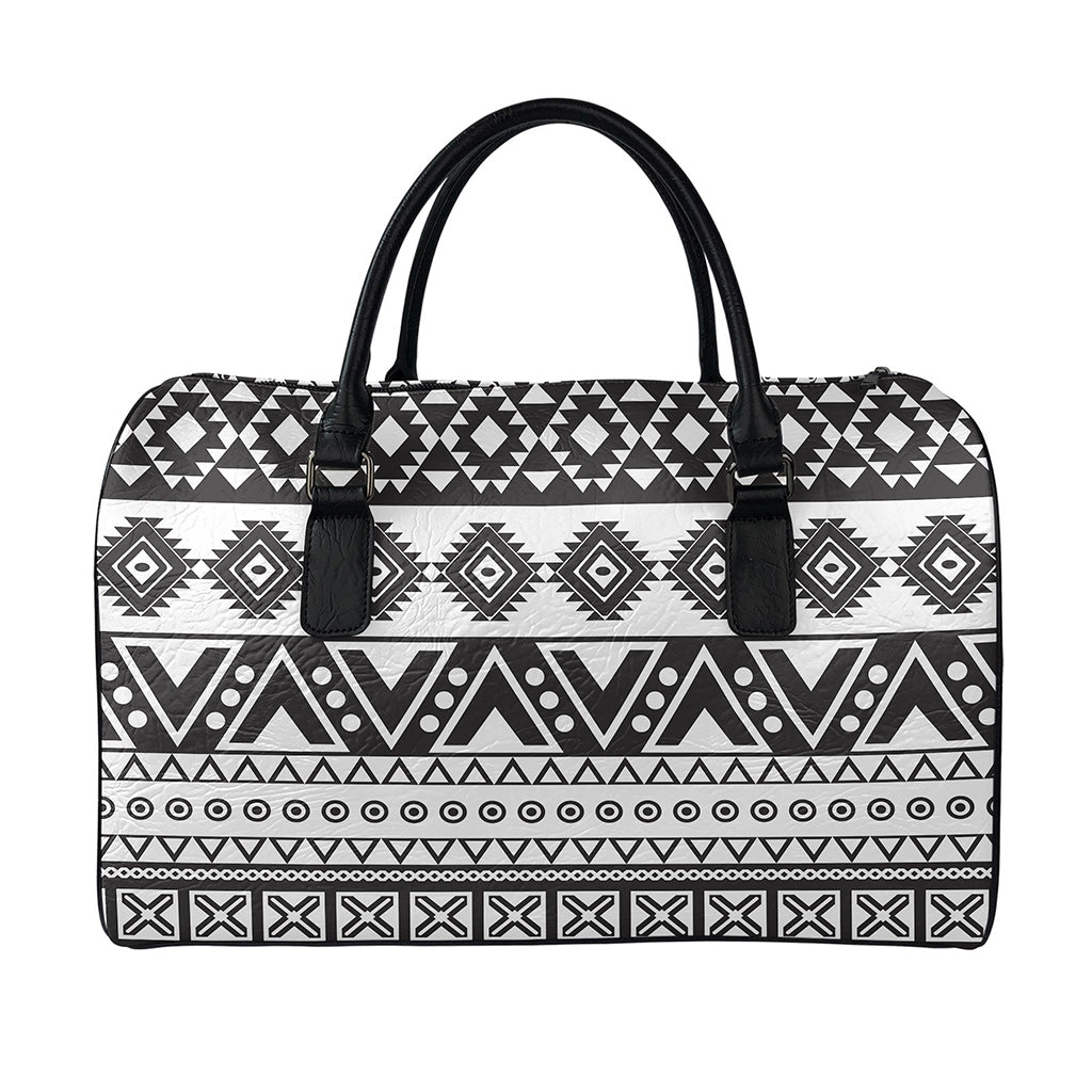 Dark Grey Aztec Pattern Print Leather Duffle Bag