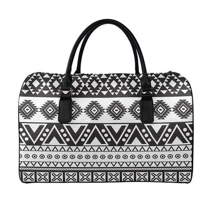 Dark Grey Aztec Pattern Print Leather Duffle Bag