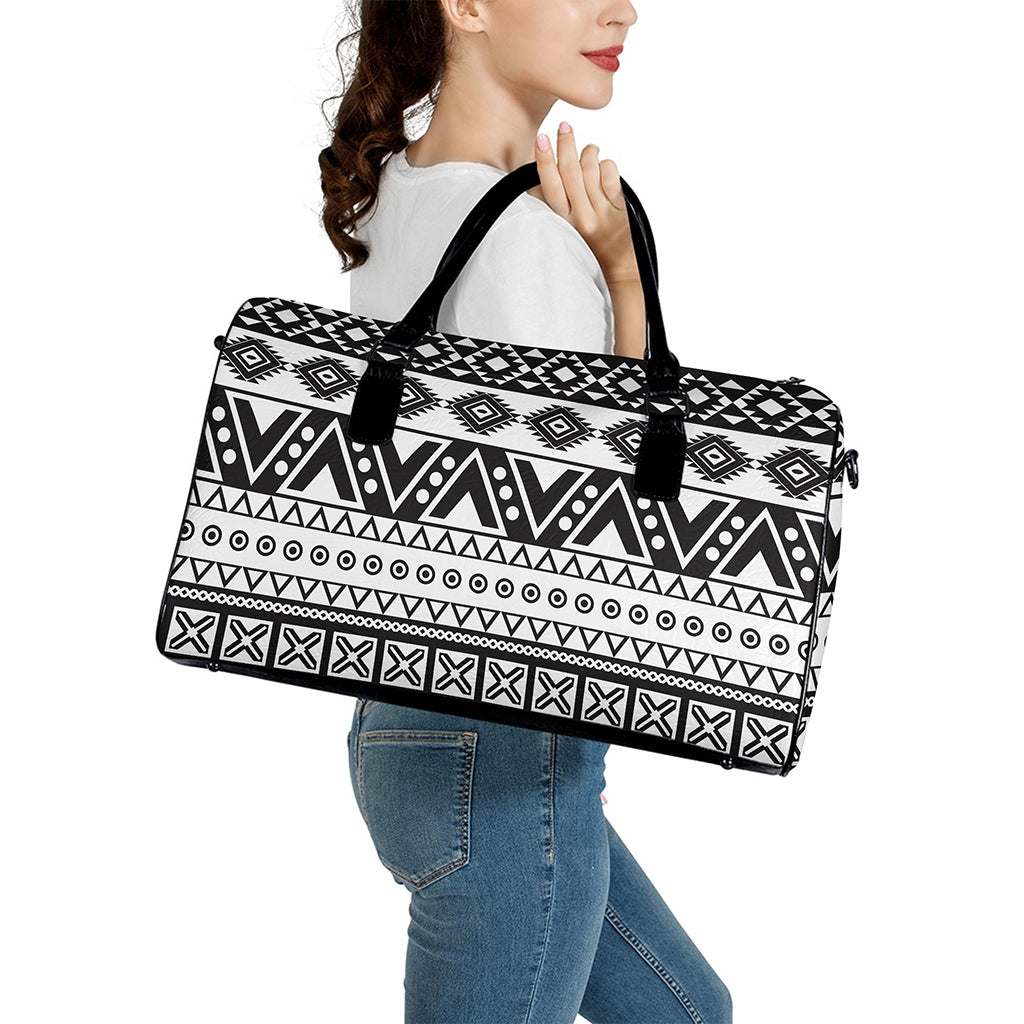 Dark Grey Aztec Pattern Print Leather Duffle Bag