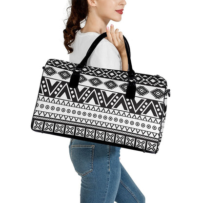 Dark Grey Aztec Pattern Print Leather Duffle Bag