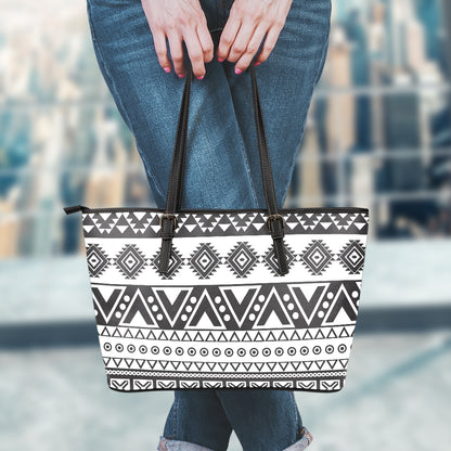 Dark Grey Aztec Pattern Print Leather Tote Bag