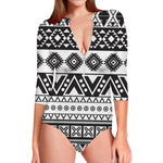 Dark Grey Aztec Pattern Print Long Sleeve Swimsuit